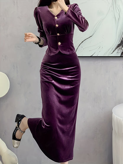 Solid Bodycon Two-piece Set, Button Front Long Sleeve Tops & High Waist Midi Skirts Outfits, Women's Clothing