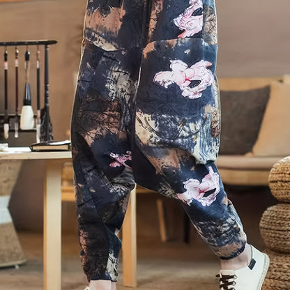 gbolsos Ethnic Pattern Vintage Cotton Harem Pants, Men's Casual Drop Crotch Jogging Harem Pants For Spring Summer