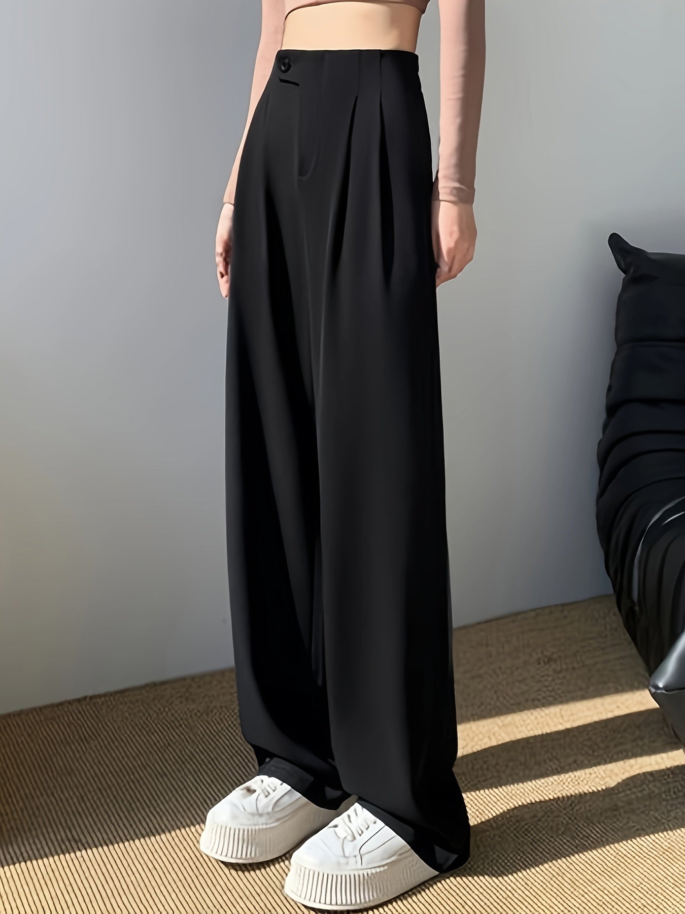 gbolsos Solid High Waist Pants, Casual Wide Leg Button Pants, Women's Clothing