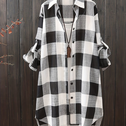 gbolsos  Plaid Print Dipped Hem Shirt, Casual Mid Length Button Front Turn Down Collar Long Sleeve Shirt, Women's Clothing