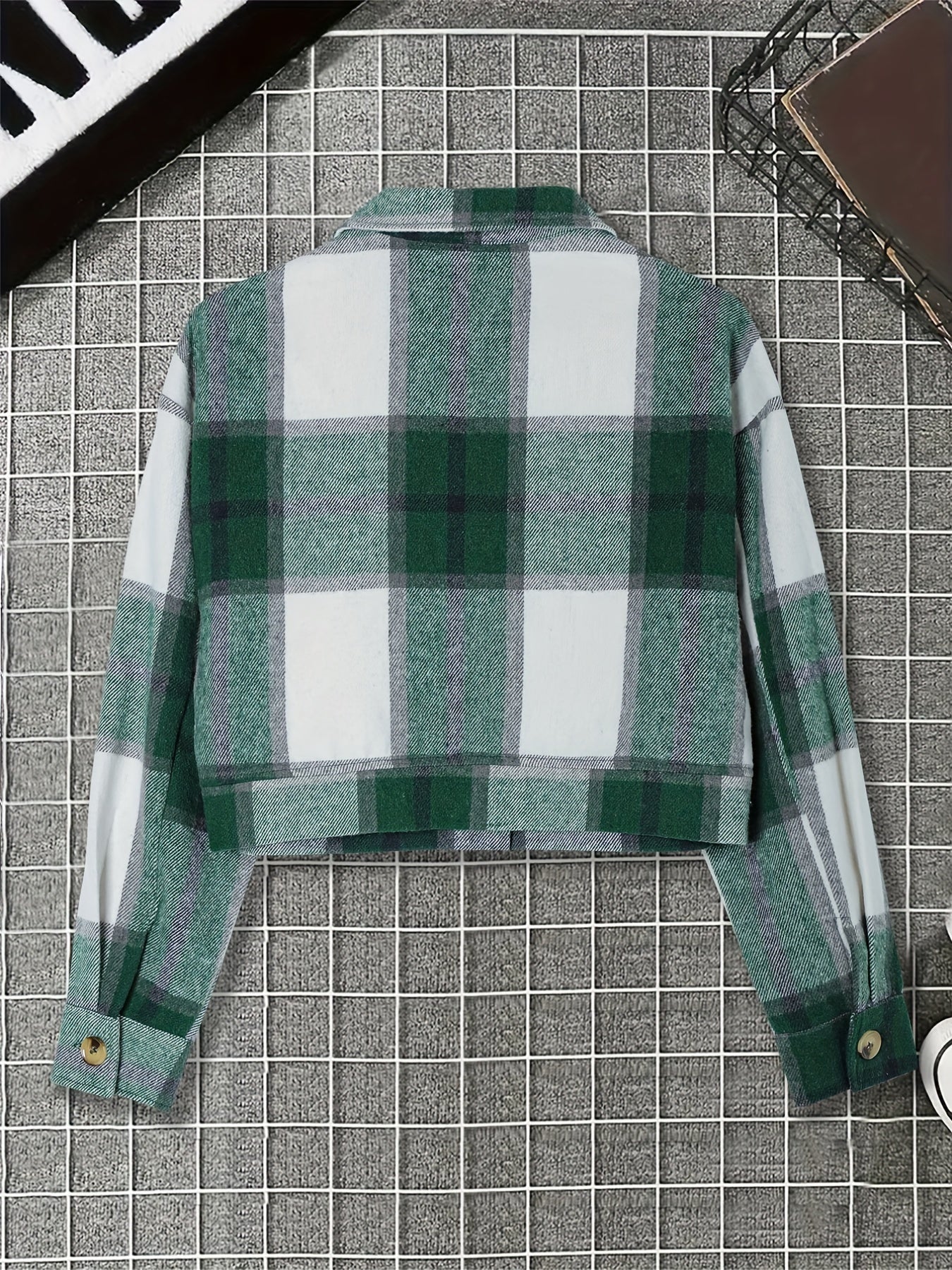 gbolsos  Plaid Print Button Front Jacket, Casual Long Sleeve Outerwear With Pocket, Women's Clothing
