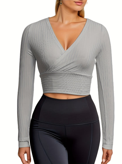gbolsos  Ribbed Solid Deep V Neck Long Sleeve Cross Wrap Crop Tops , Women's Clothings