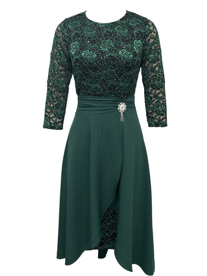 gbolsos  Solid Elegant Two-piece Set, Ruffle Trim High Waist Skirts & Contrast Lace Party Dress Outfits, Women's Clothing