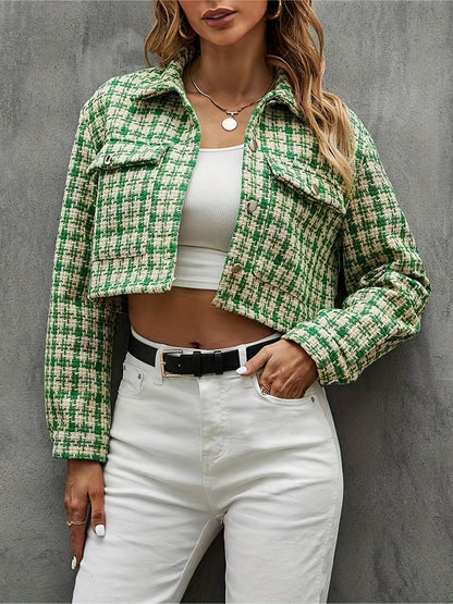 gbolsos  Plaid Pattern Cropped Jacket, Casual Button Front Long Sleeve Outerwear, Women's Clothing