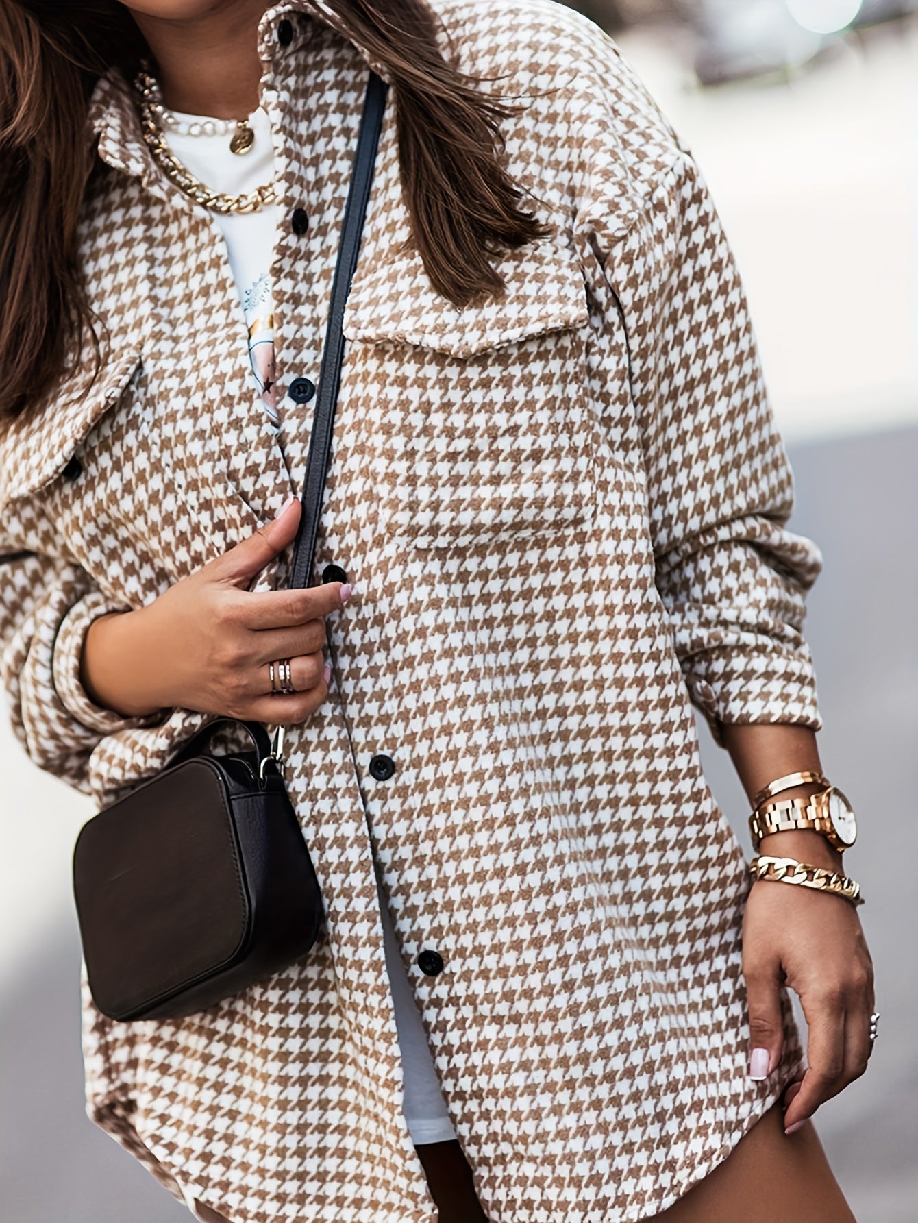 gbolsos  Houndstooth Print Shacket Jacket, Casual Button Front Long Sleeve Outerwear, Women's Clothing