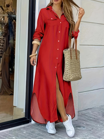 gbolsos  Solid Button Front Shirt Dress, Casual Hem Arc Maxi Dress, Women's Clothing