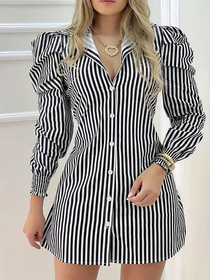 gbolsos  Striped Print Mini Dress, Casual Button Front Puff Long Sleeve Dress, Women's Clothing