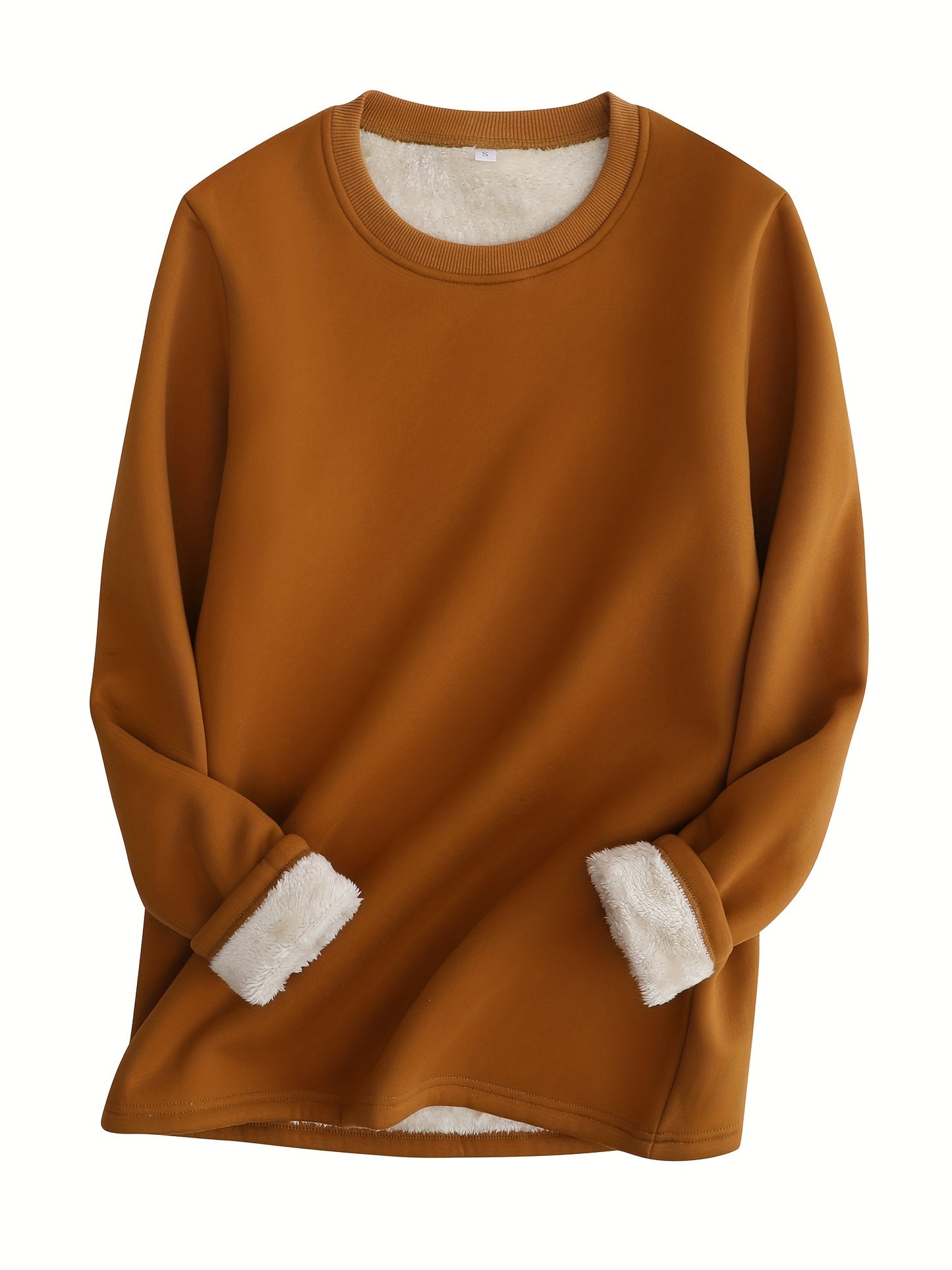 Solid Fleece Sweatshirt, Casual Long Sleeve Crew Neck Sweatshirt For Fall & Winter, Women's Clothing