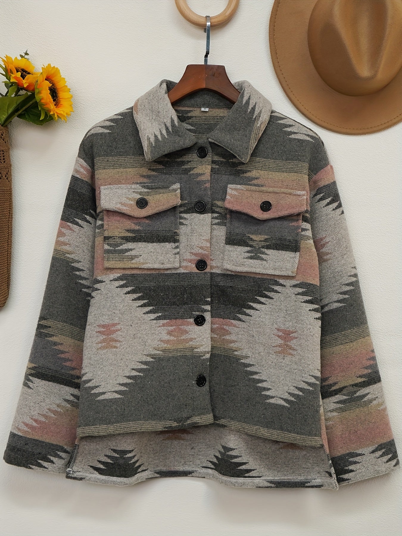 gbolsos  Aztec Pattern Button Up Jacket, Vintage Long Sleeve Pockets Spring & Fall Outerwear, Women's Clothing