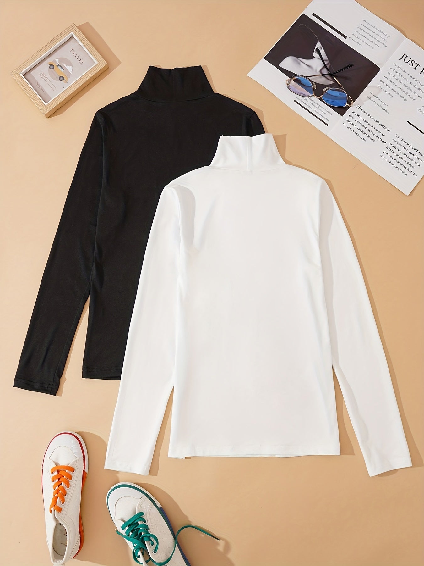 gbolsos  2 Pieces Turtle Neck T-Shirts, Versatile Long Sleeve T-Shirts For Spring & Fall, Women's Clothing