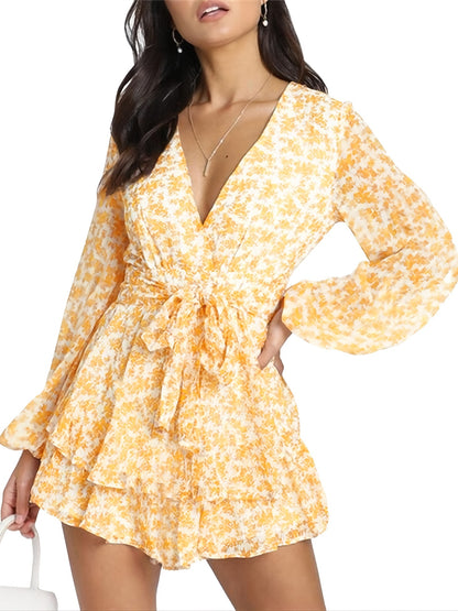 elveswallet  Ladies Polka-dot V-neck Jumpsuits, Long Sleeve Ruffle Hem Romper Playsuit, Casual Every Day Romper, Women's Clothing