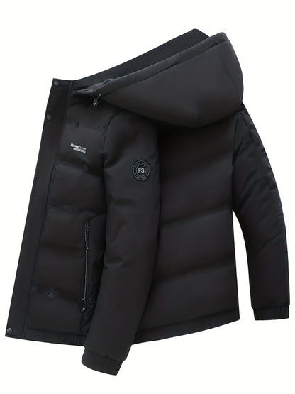 gbolsos  Men's Classic Design Padded Hooded Jacket, Men Casual Padded Coat Windbreaker Zipper Pocket Stand Collar For Men Winter
