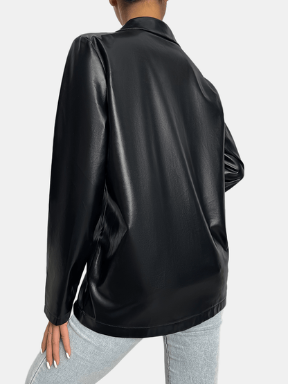 gbolsos  Solid Lapel Faux Leather Long Sleeve Jacket, Elegant Open Front Stylish Outerwear, Women's Clothing