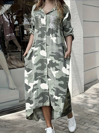 gbolsos  Camo Print Shirt Dress, Casual Button Front Long Sleeve Collar Dress, Women's Clothing