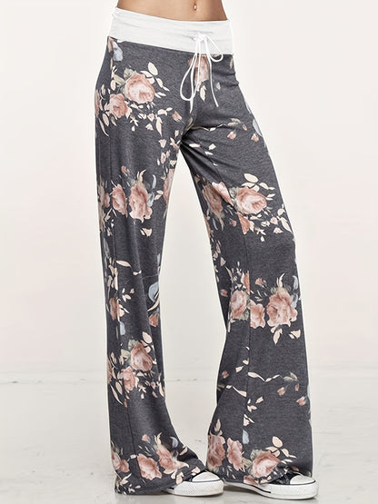 Loose Wide Leg Pants, Casual Yoga Low Waist Solid Floral Print Summer Comfy Pants, Women's Clothing