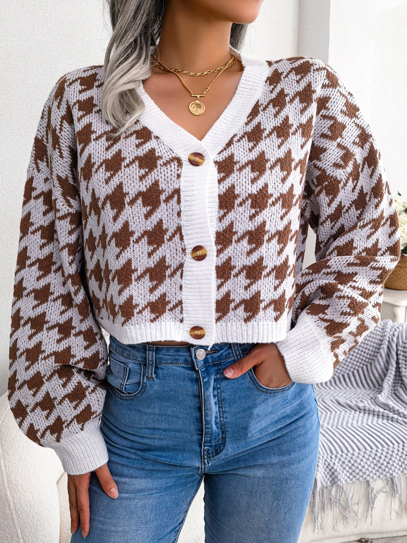 2025 gbolsos  Houndstooth Button Up Cardigan, Long Sleeve V Neck Casual Sweater, Women's Clothing