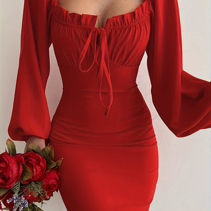 Solid Color Long Sleeve Dress, Elegant Dress For Party & Banquet, Women's Clothing