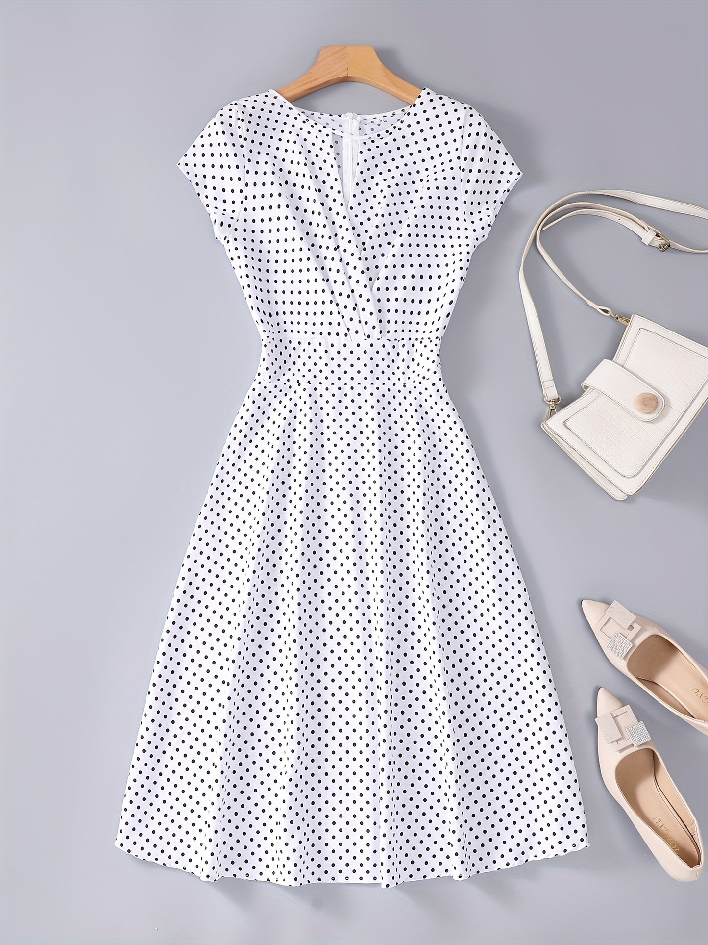 gbolsos  Polka Dot Keyhole Dress, Casual Crew Neck Cap Sleeve Slim Waist Dress, Women's Clothing