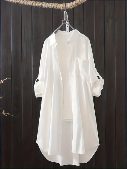 gbolsos  Solid Patched Pocket Simple Shirt, Versatile Long Sleeve Button Front Shirt, Women's Clothing