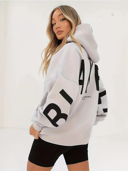 gbolsos  Letter Print Loose Hoodie, Casual Long Sleeve Pocket Thick Sweatshirt, Women's Clothing