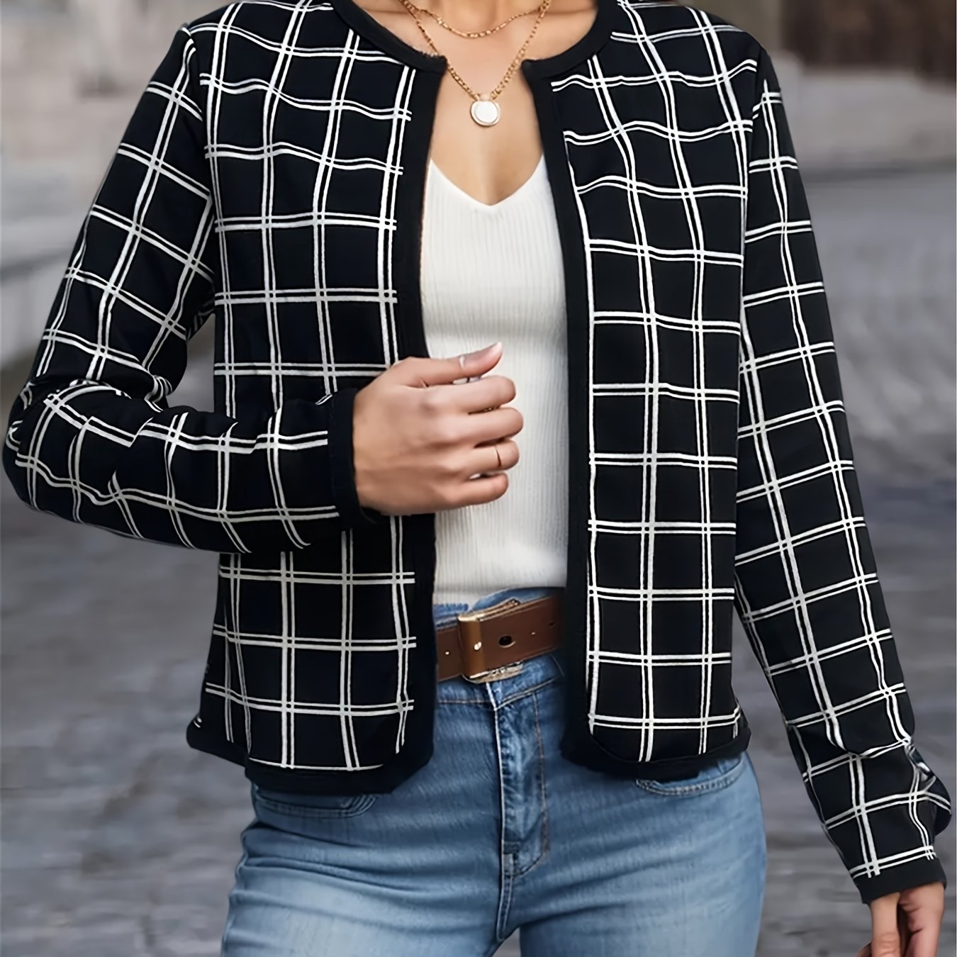 gbolsos Houndstooth Print Jacket, Casual Open Front Crew Neck Long Sleeve Outerwear, Women's Clothing
