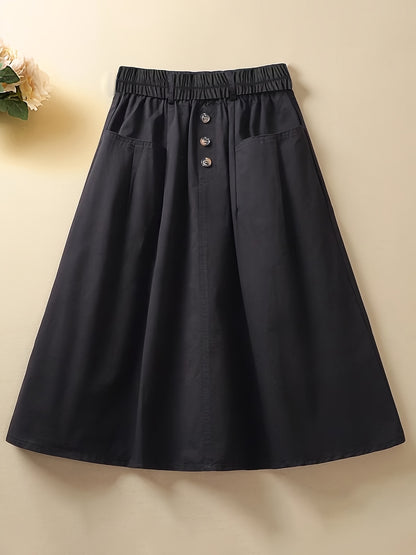 gbolsos  Solid Button Decor Pockets Skirt, Versatile Elastic Waist Skirt, Women's Clothing