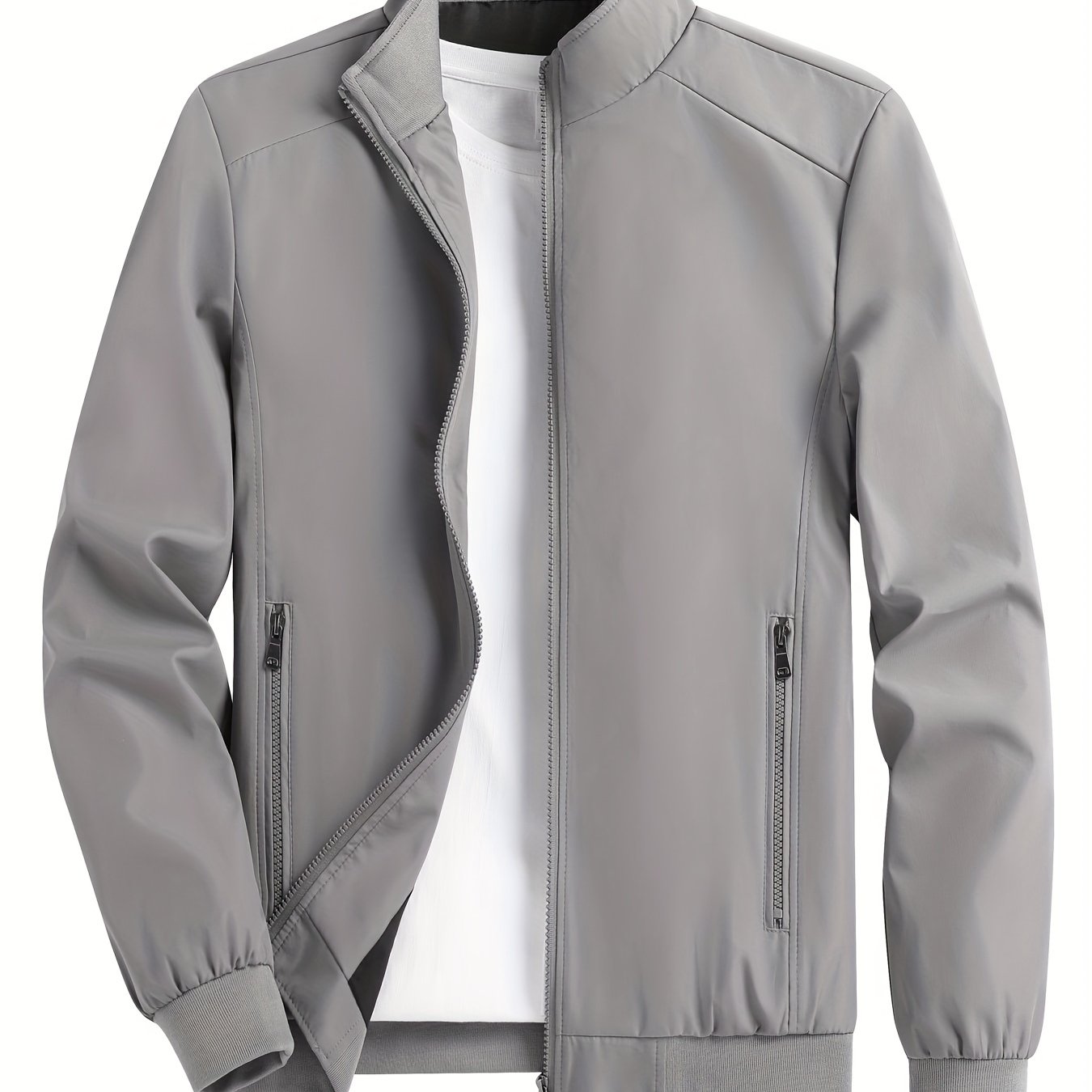 gbolsos  Men's Solid Color Zip-Up Stand Collar Jacket, Casual Loose Windbreaker Jacket For Sports Outdoors, Running