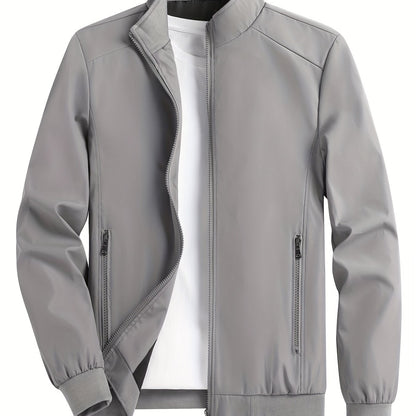 gbolsos  Men's Solid Color Zip-Up Stand Collar Jacket, Casual Loose Windbreaker Jacket For Sports Outdoors, Running