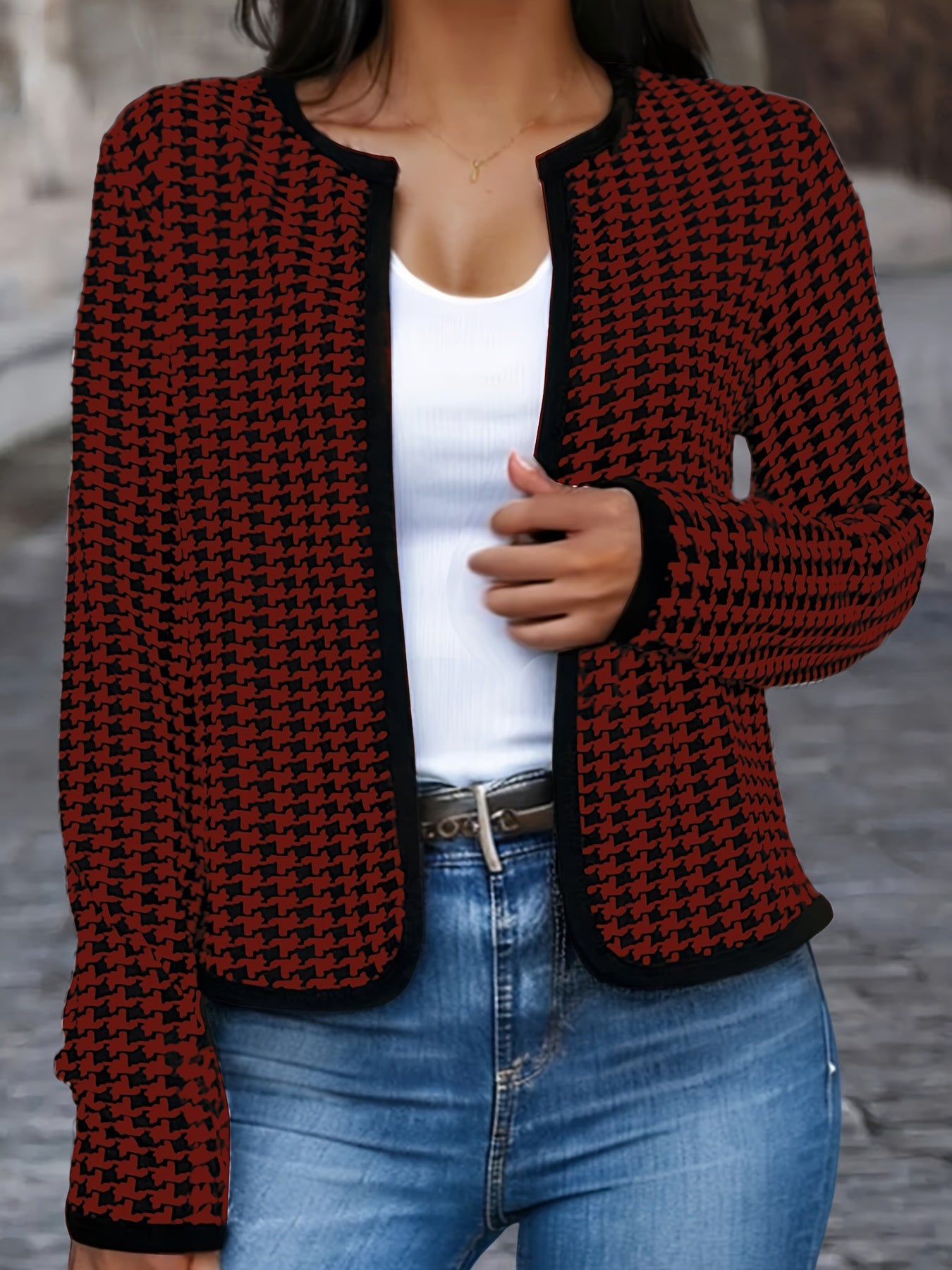 gbolsos Houndstooth Print Jacket, Casual Open Front Crew Neck Long Sleeve Outerwear, Women's Clothing