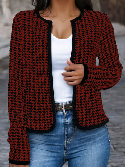 gbolsos Houndstooth Print Jacket, Casual Open Front Crew Neck Long Sleeve Outerwear, Women's Clothing