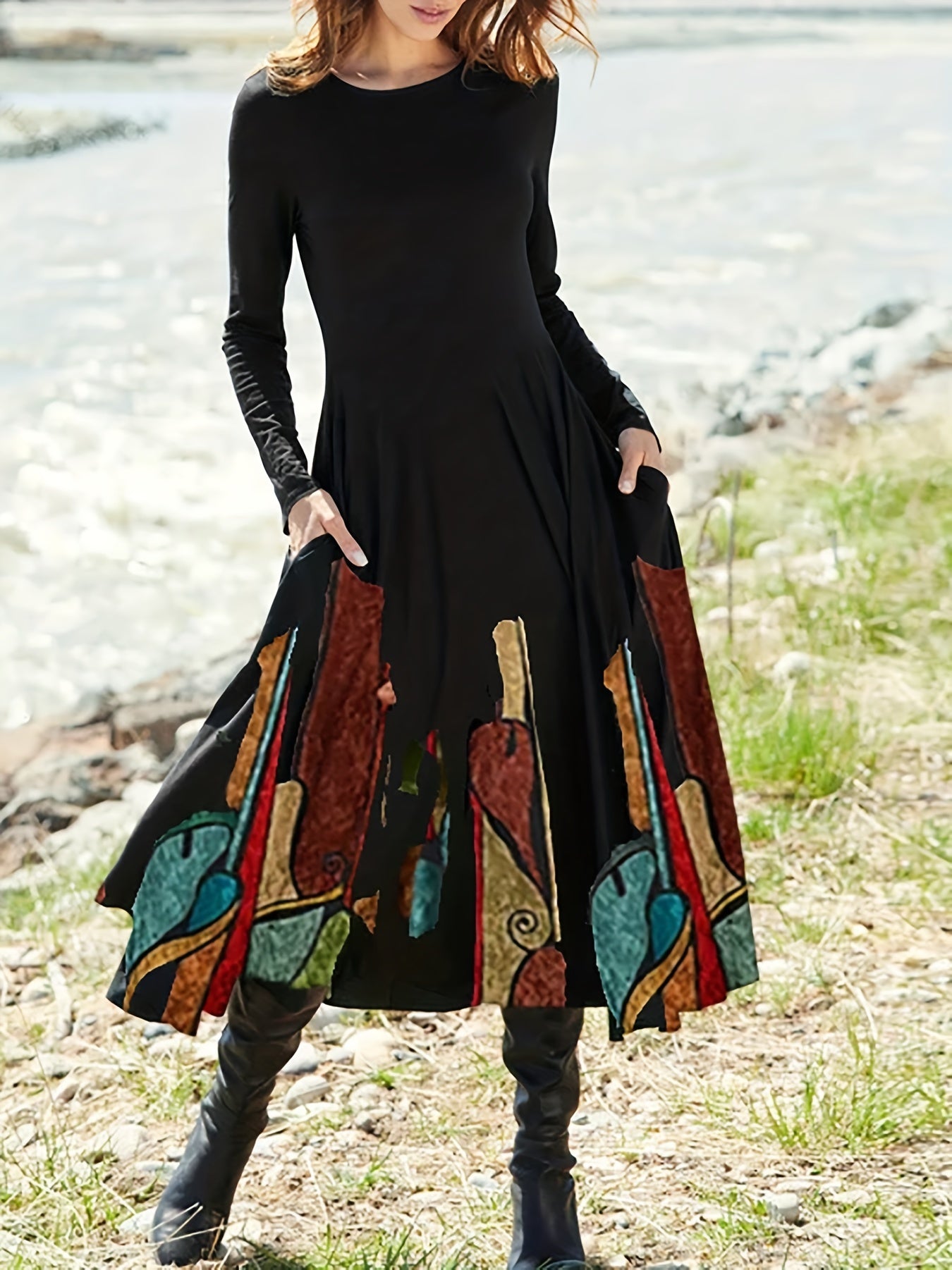gbolsos  Ethnic Print Midi Dress, Elegant Crew Neck Long Sleeve Dress, Women's Clothing