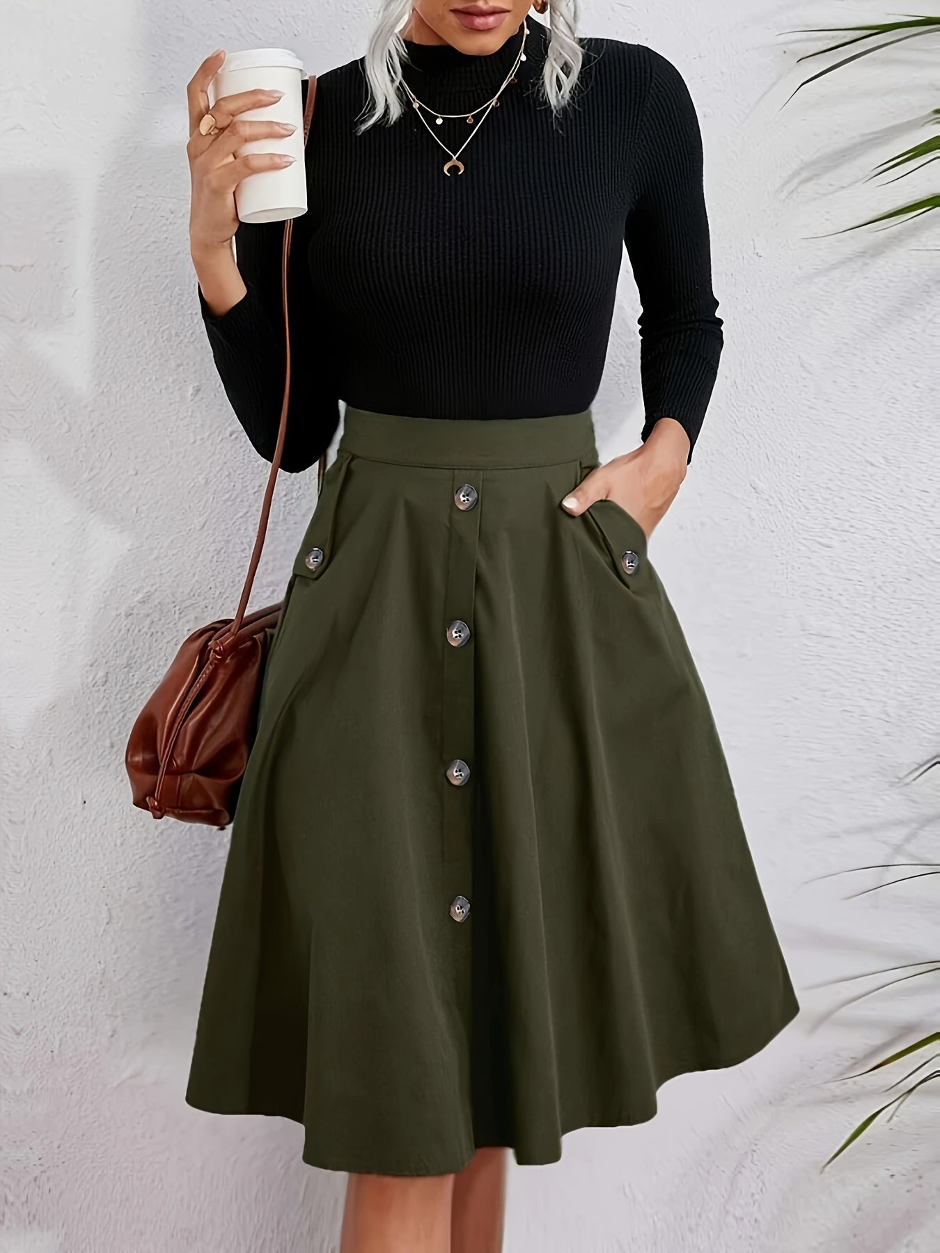 Solid Button Front Pocket Ruffled Hem Skirts, Elegant Loose High Waist Flared Skirts, Women's Clothing