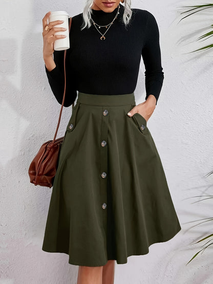 Solid Button Front Pocket Ruffled Hem Skirts, Elegant Loose High Waist Flared Skirts, Women's Clothing