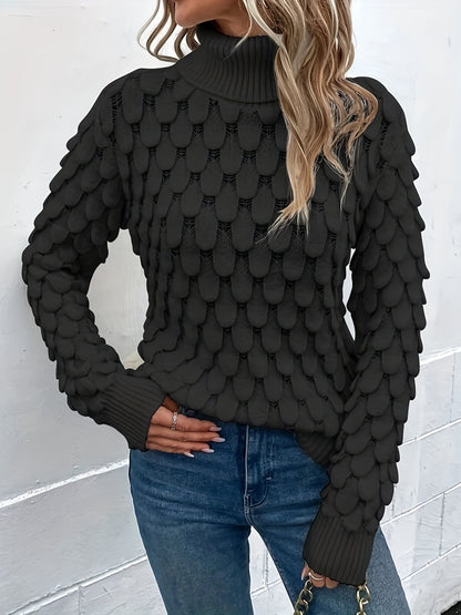 gbolsos  Fish Scale Turtleneck Sweater, Casual Solid Long Sleeve Knit Sweater, Women's Clothing