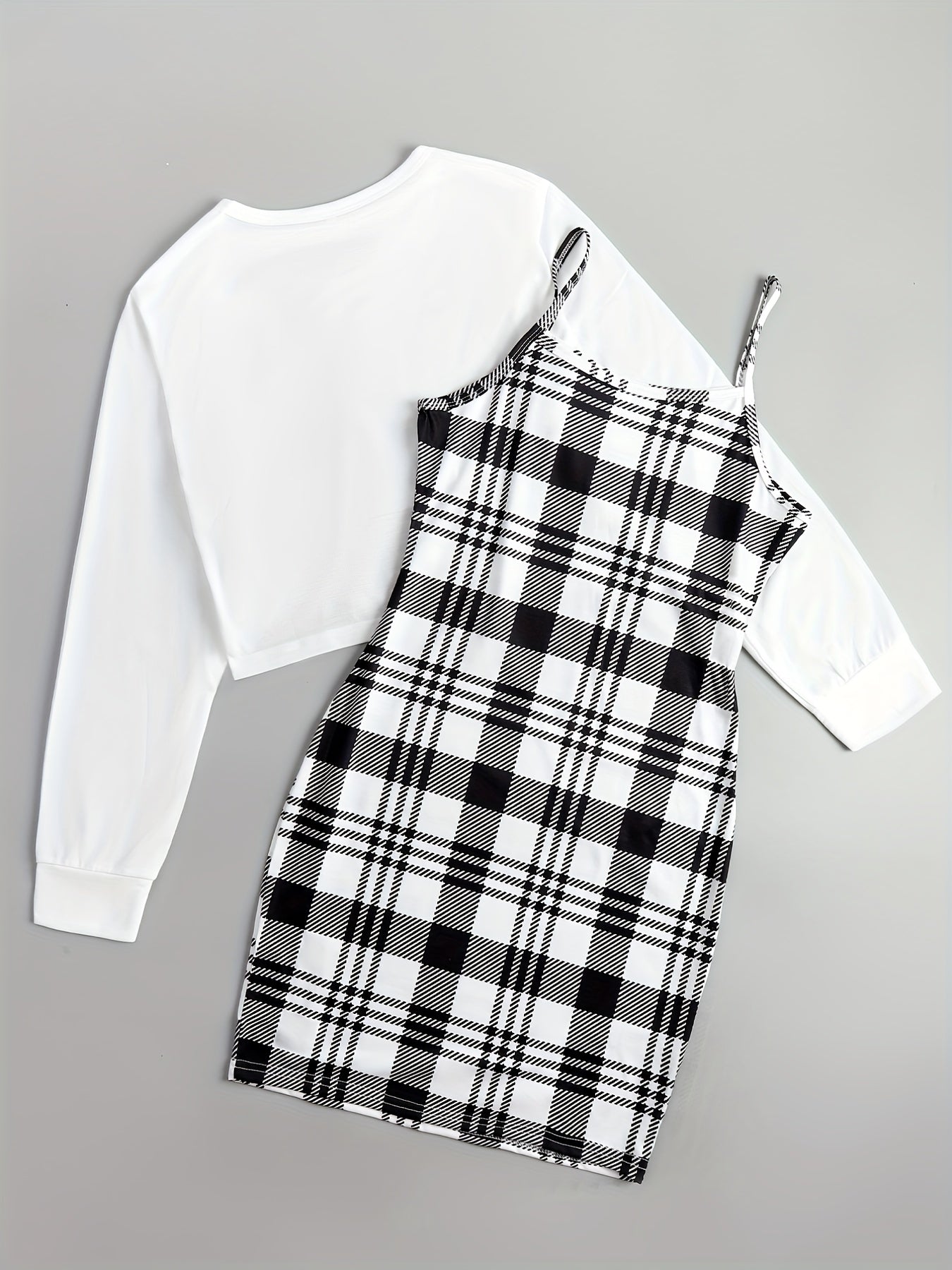 gbolsos  Casual Two-piece Dress Set, Asymmetrical Hem Long Sleeve Crop T-shirt & Plaid Pattern Cami Dress Outfits, Women's Clothing