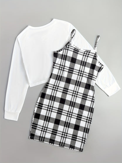 gbolsos  Casual Two-piece Dress Set, Asymmetrical Hem Long Sleeve Crop T-shirt & Plaid Pattern Cami Dress Outfits, Women's Clothing