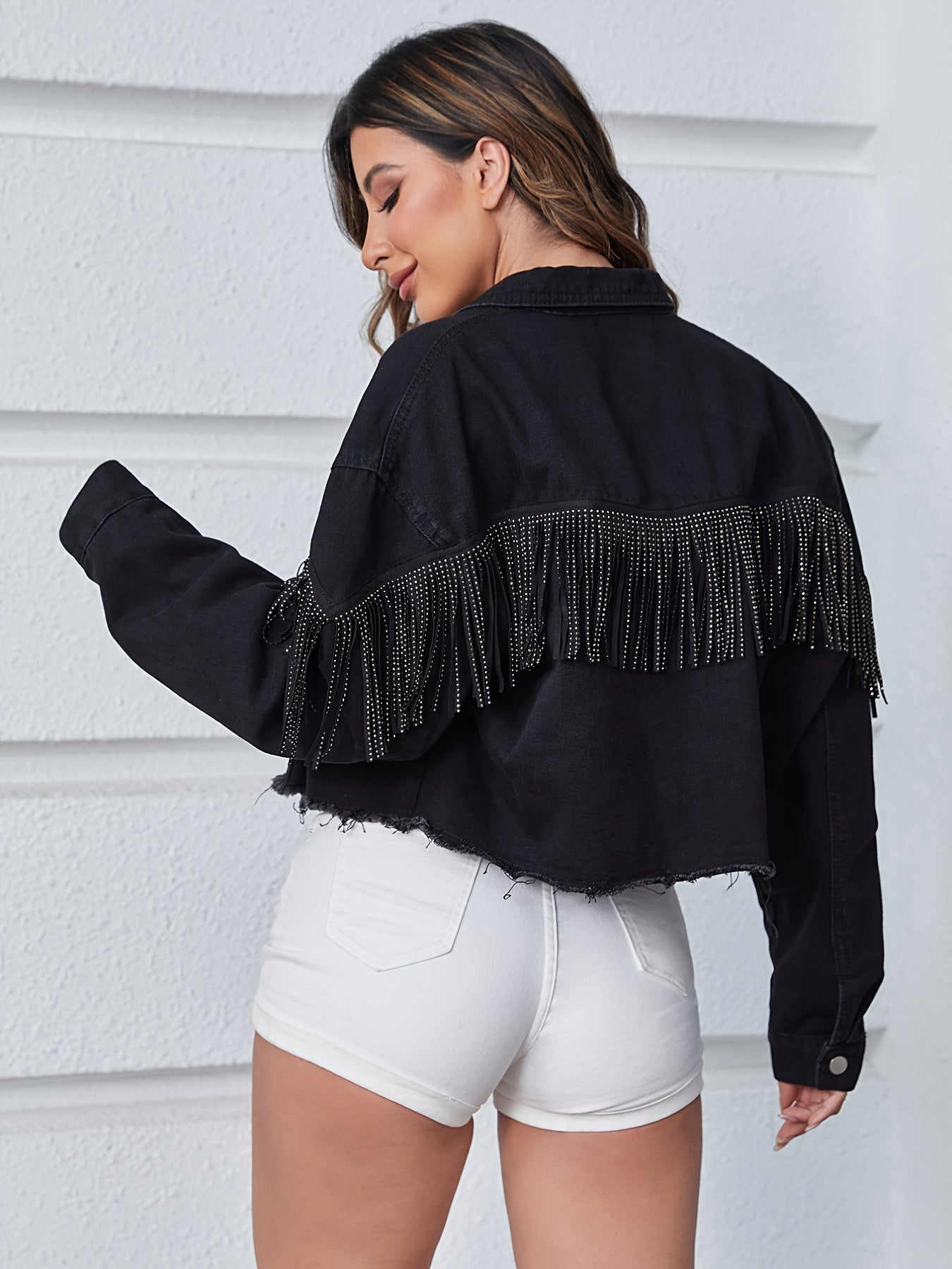 2025 gbolsos  Black Raw Hem Denim Coats, Long Sleeves Tassel Single-Breasted Button Lapel Denim Jackets, Women's Denim Clothing