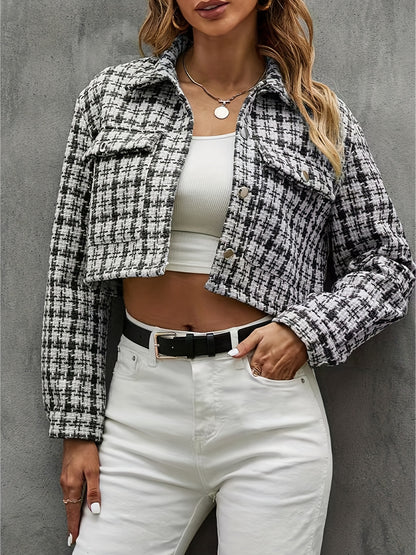 gbolsos  Plaid Pattern Cropped Jacket, Casual Button Front Long Sleeve Outerwear, Women's Clothing