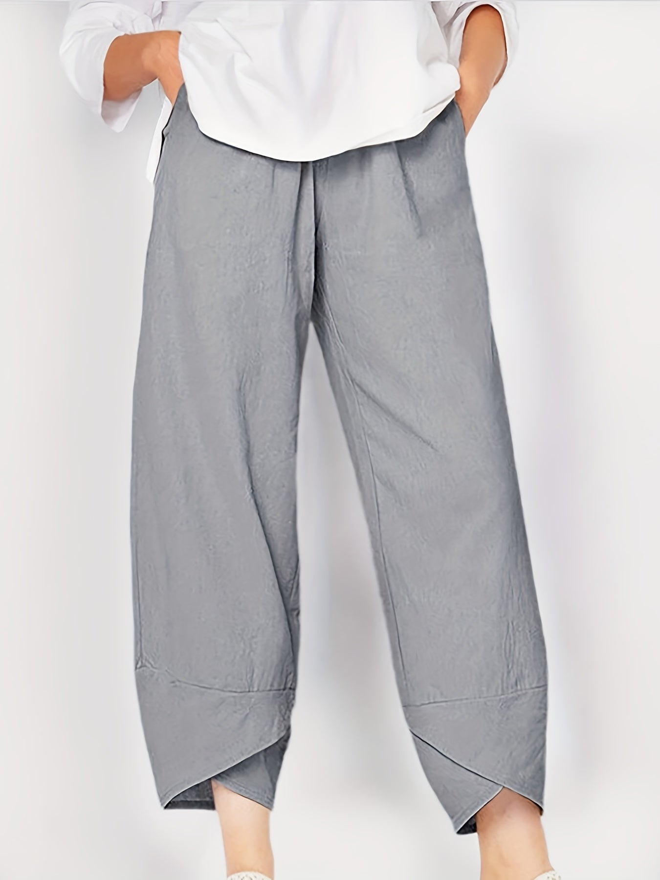 gbolsos  Loose Pocket Pants, Casual Elastic Waist Solid Fashion Comfy Spring & Summer Pants, Women's Clothing