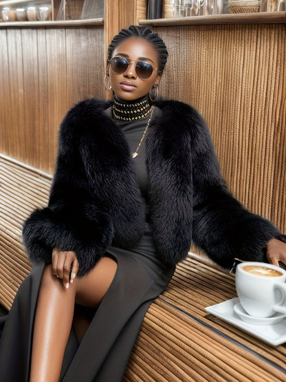 Solid Open Front Teddy Coat, Elegant Faux Fur Thermal Winter Outwear, Women's Clothing
