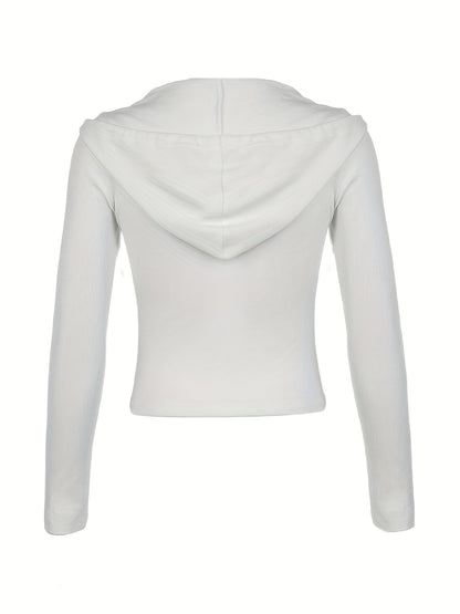 gbolsos  Zip Up Drawstring Jacket, Casual Solid Long Sleeve Hooded Outerwear, Women's Clothing