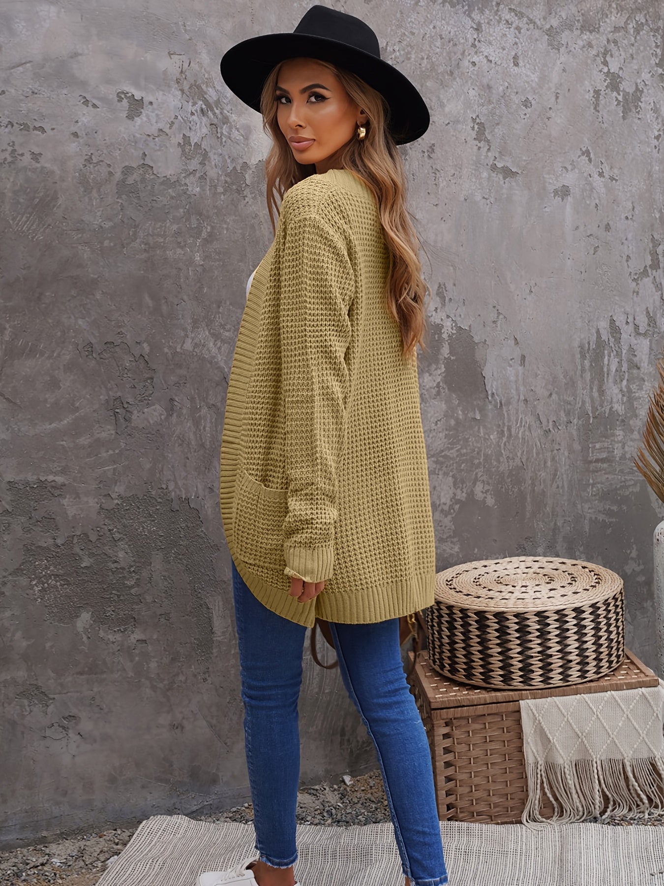 2025 gbolsos  V-neck Solid Loose Pocket Cardigans, Casual Long Sleeve Fall Winter Knit Cardigan, Women's Clothing