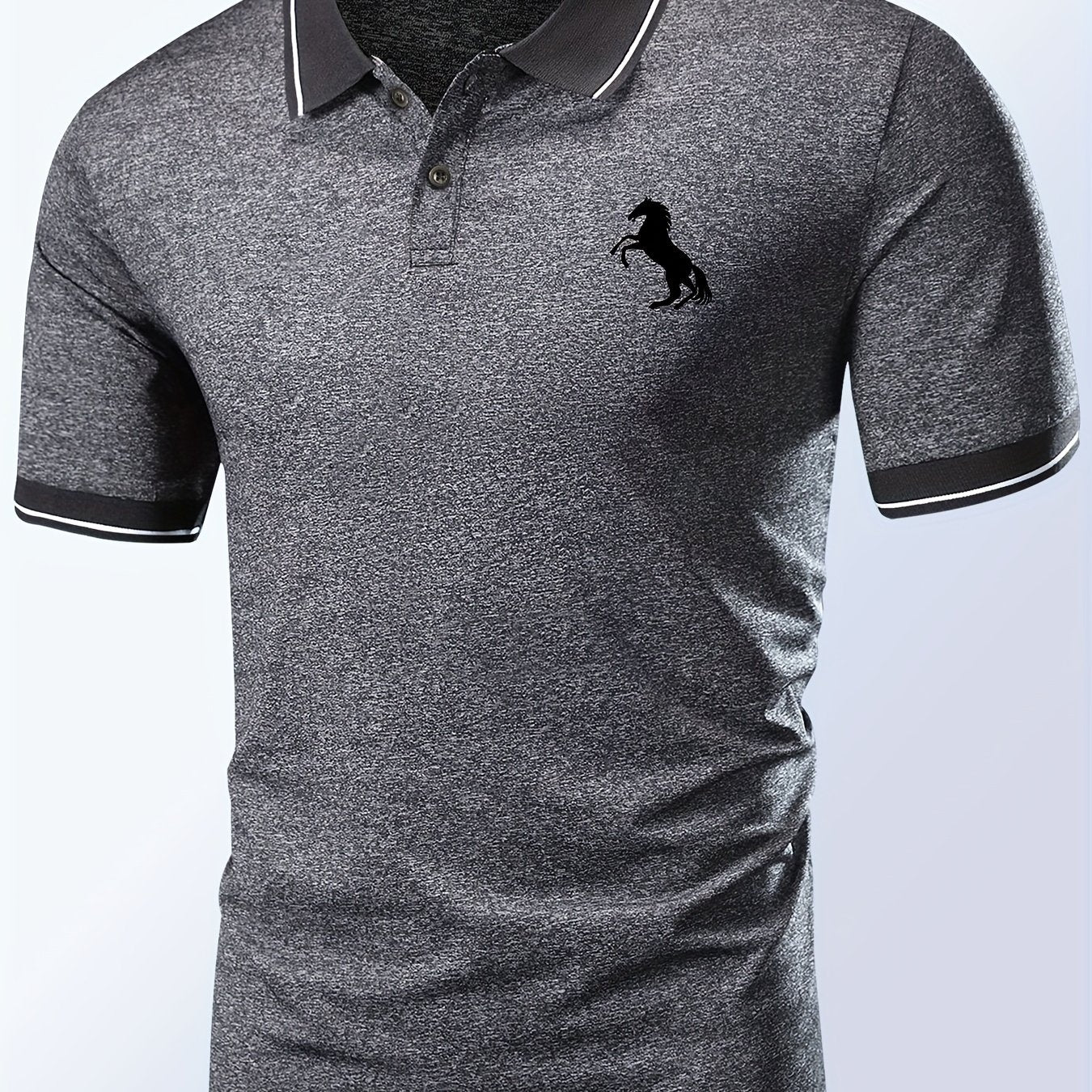 Horse Pattern Casual Slightly Stretch Button Front Short Sleeve Polo Shirt, Men's Clothes For Summer