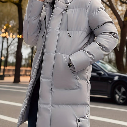 gbolsos  Classic Design Warm Hooded Jacket, Men's Casual Solid Color Zip Up Cotton Padded Overcoat For Fall Winter Outdoor