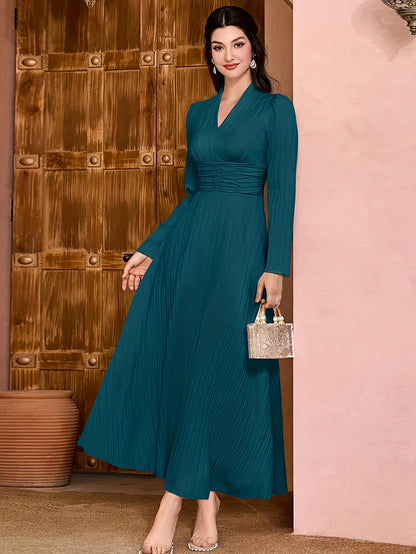 gbolsos  Solid V Neck Dress, Elegant Long Sleeve Shirred Waist Dress, Women's Clothing