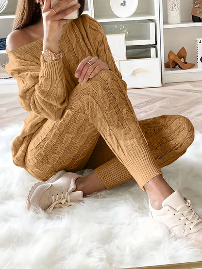 gbolsos  Solid Knitted Matching Two-piece Set, Casual Long Sleeve Sweater & Pants Outfits, Women's Clothing