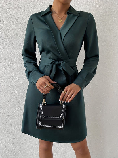 gbolsos  Solid Surplice Neck Dress, Elegant Long Sleeve Simple Dress, Women's Clothing