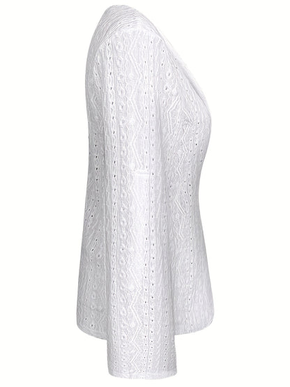 Solid Eyelet Open Front Blazer, Casual Lapel Long Sleeve Outwear For Spring & Fall, Women's Clothing
