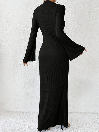 gbolsos  Ribbed Solid Bodycon Dress, Elegant Bell Sleeve Dress For Spring & Fall, Women's Clothing