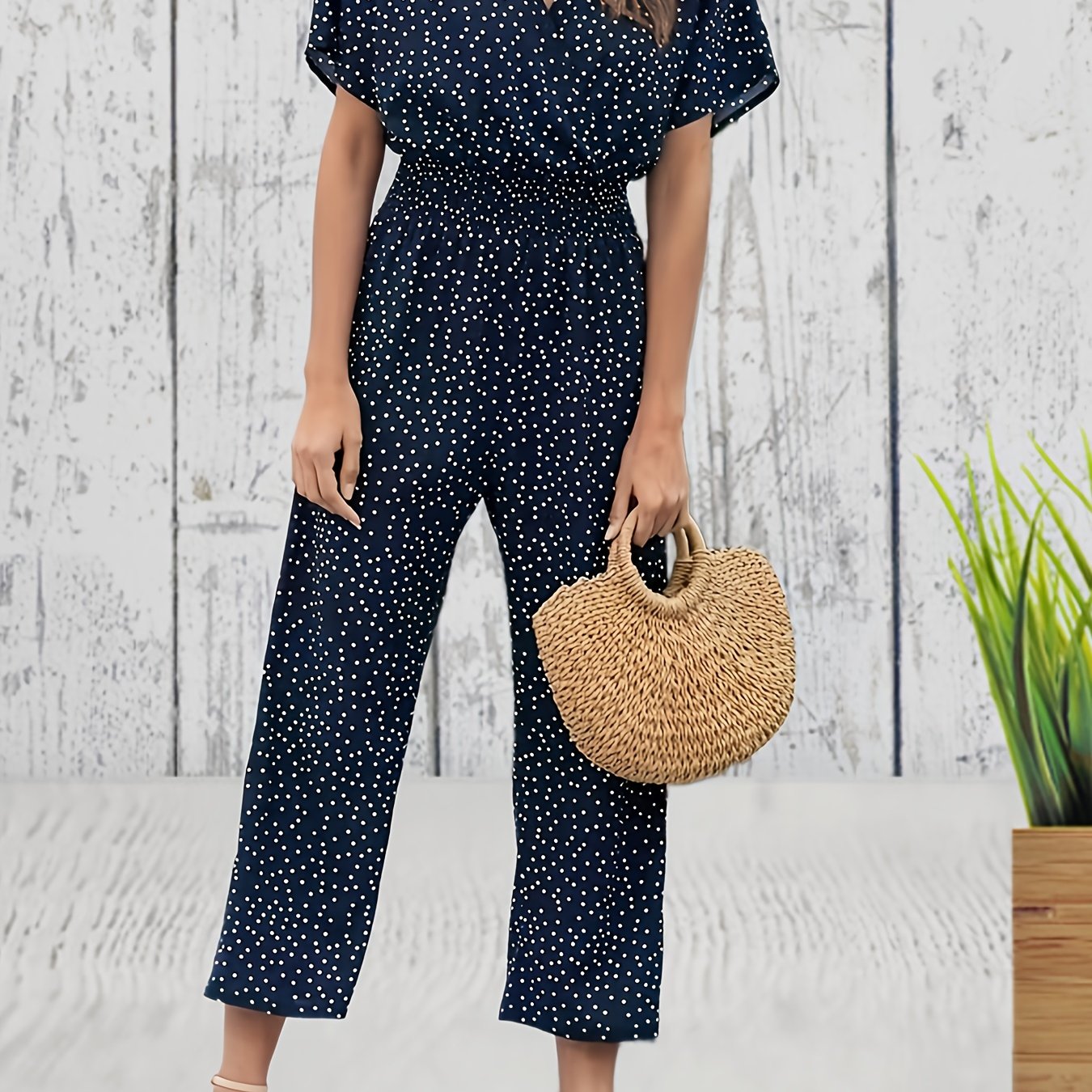 gbolsos  Pin Dot Print Cropped Jumpsuit, Casual V Neck Short Sleeve Wide Leg Jumpsuit, Women's Clothing